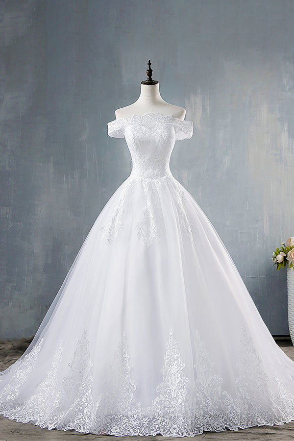 Elegant Long Off The Shoulder Appliques Lace Tulle A-line Wedding Dress