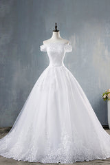 Elegant Long Off The Shoulder Appliques Lace Tulle A-line Wedding Dress