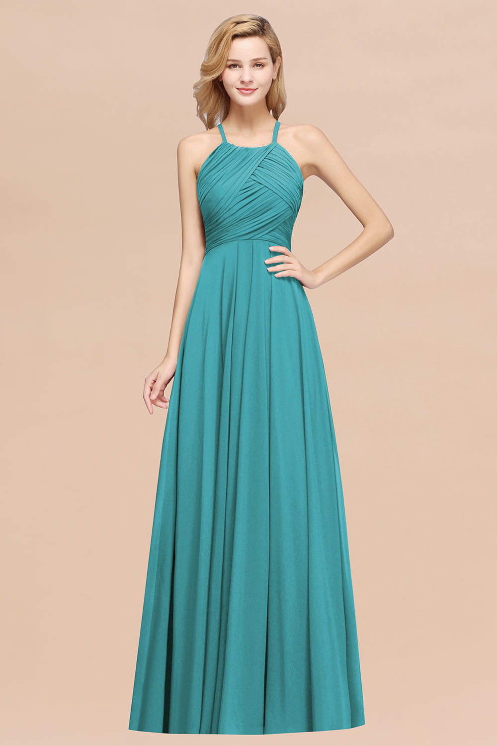 A-Line Chiffon Halter Ruffles Floor Length Bridesmaid Dress