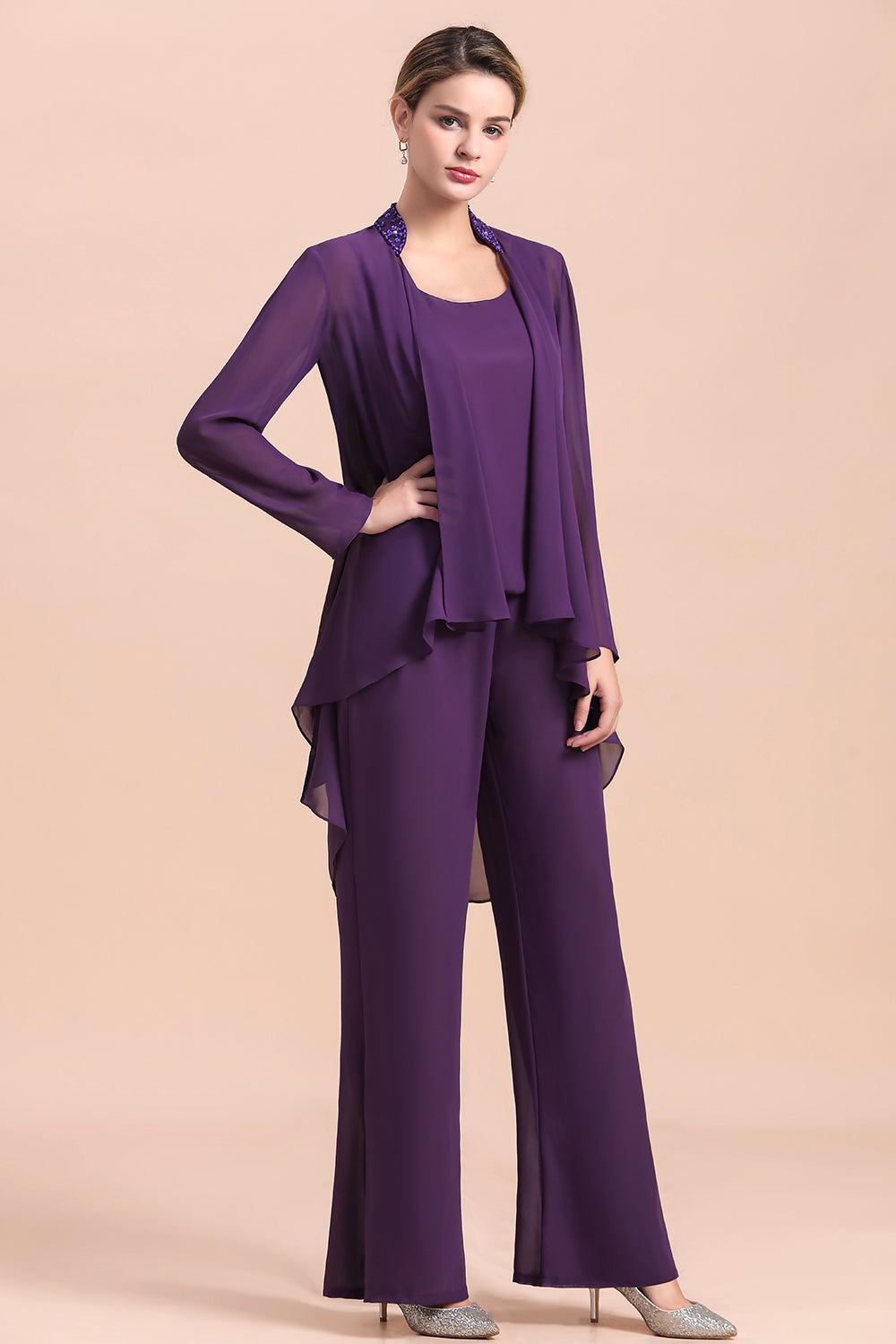 Straps Beading Grape Chiffon Long Sleeves Mother of Bride Jumpsuit With Wrap