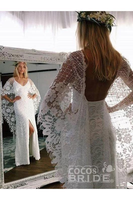 Ivory Boho Long Mermaid Lace Backless Wedding Dress with Batwing Sleeve