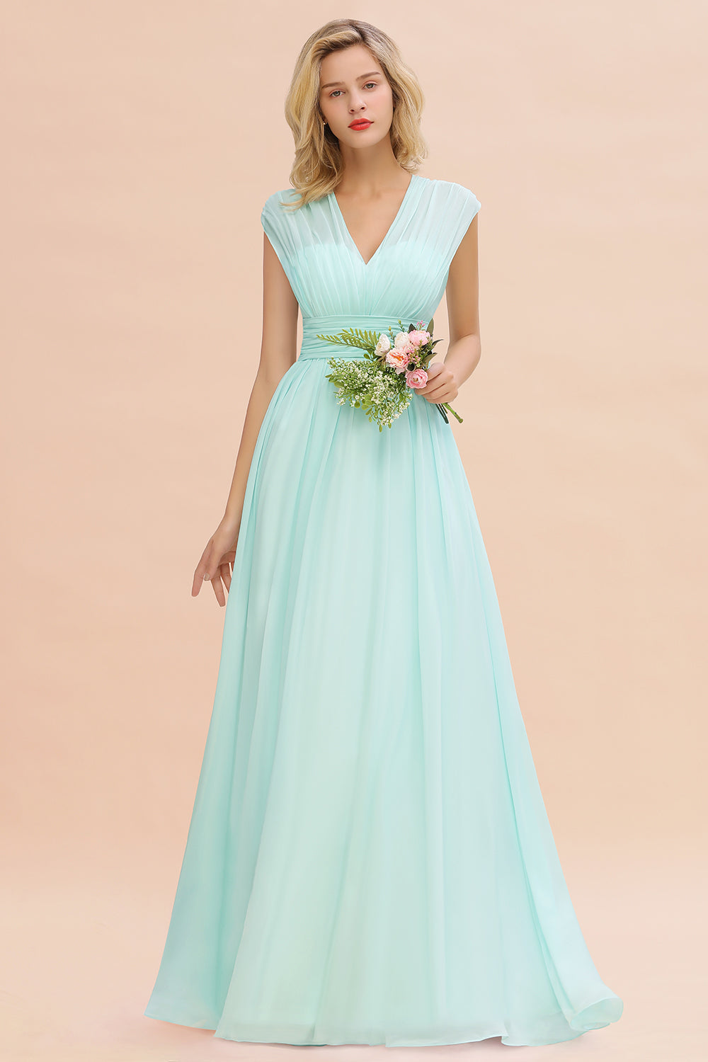 Chiffon V-Neck Sleeveless Elegant A-line Ruffles Bridesmaid Dress