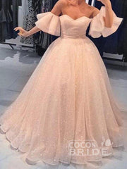 Long Off the Shoulder Half Sleeves Tulle Ball Gown Wedding Dresses