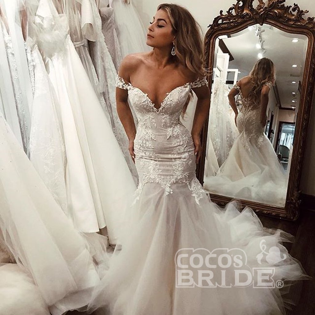 Off the Shoulder Mermaid Lace Long Tulle Wedding Dress