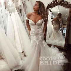 Off the Shoulder Mermaid Lace Long Tulle Wedding Dress