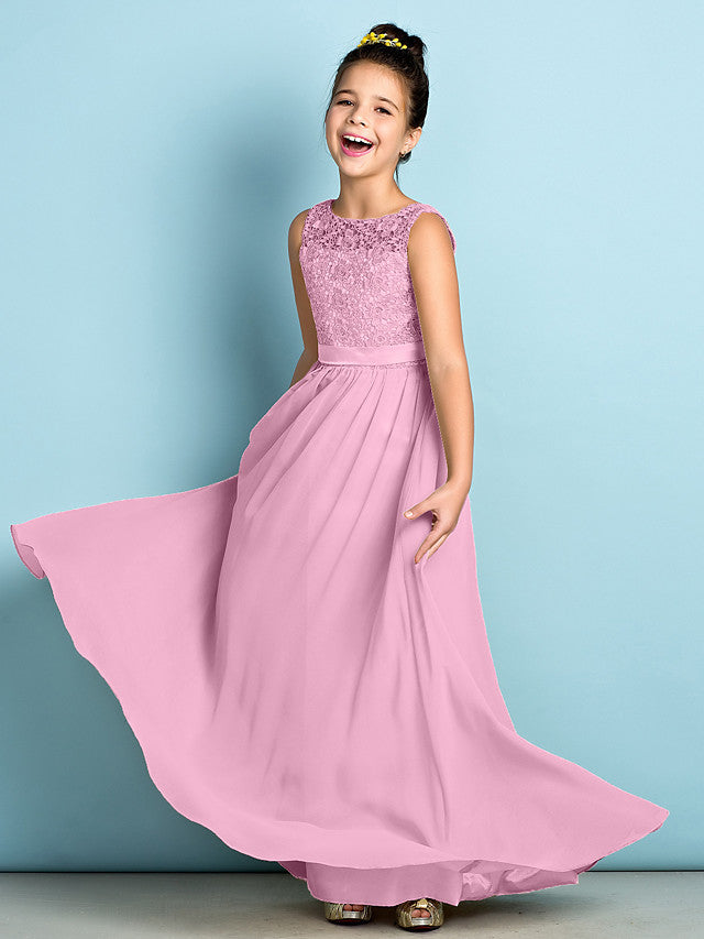 Long A-Line Scoop Neck Floor Length Chiffon Lace Junior Bridesmaid Dress