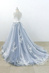 Long Appliques Lace Tulle A-line Wedding Dress es with Short Sleeve