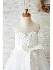 White Ball Gown Sleeveless Short Tulle Birthday Flower Girl Dresses