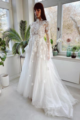 Gorgeous Long A-line High Neck Tulle Lace Wedding Dresses with Sleeves