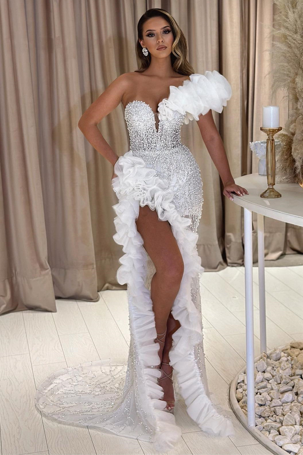 White Long One Shoulder Mermaid Prom Dress with Slit
