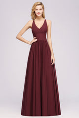 Chiffon Lace V-Neck Sleeveless Straps Floor Length Bridesmaid Dress