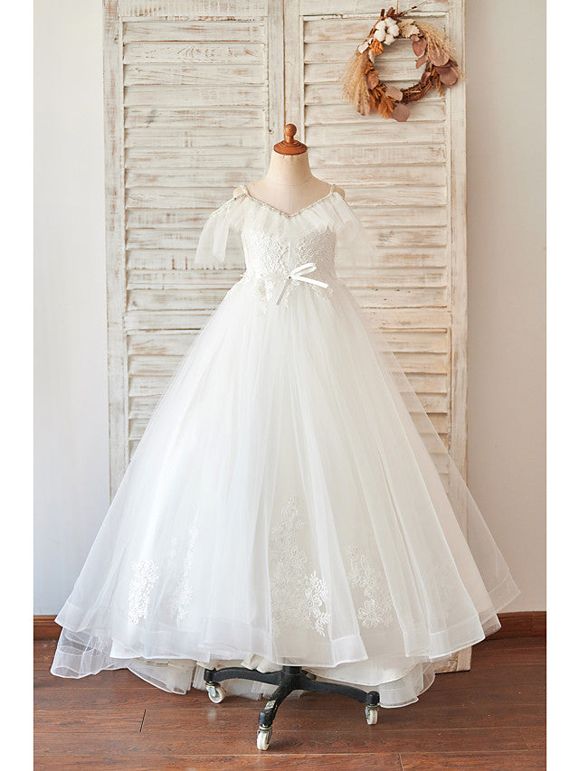 White Long Ball Gown Sleeveless Tulle Birthday Party Girl Dresses with Appliques Lace
