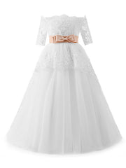 White Long Off the Shoulder A-line Tulle Flower Girl Dresses with Sleeves