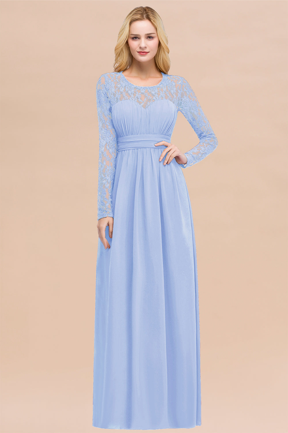 Elegant A-Line Chiffon Jewel Long Sleeves Ruffles Floor Length Bridesmaid Dresses