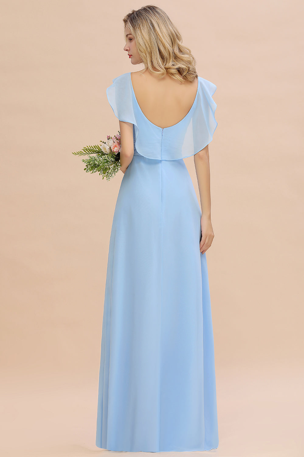 Simple High Low A-line V-Neck Ruffles Chiffon Bridesmaid Dress