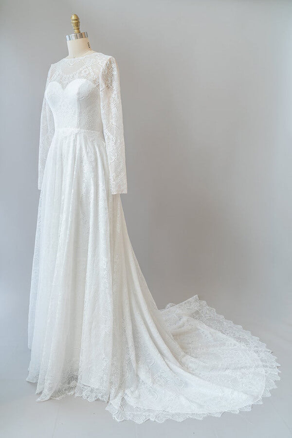 Long Tulle Illusion Long Sleeves Lace Backless A-line Wedding Dress