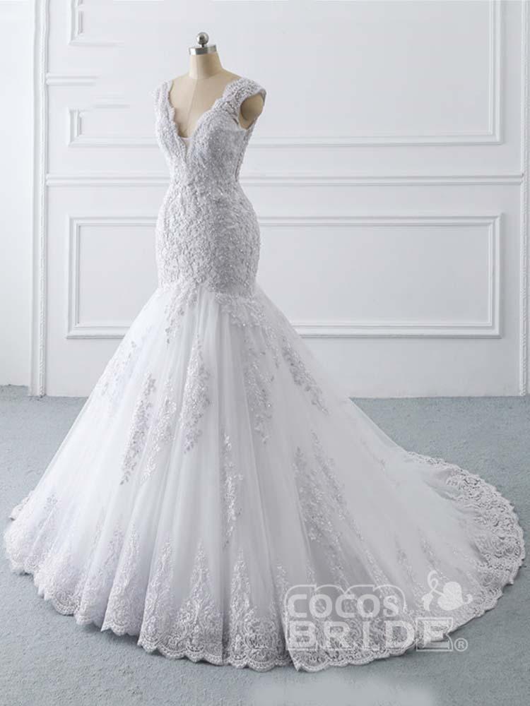 Long V-Neck Mermaid Tulle Lace Wedding Dresses