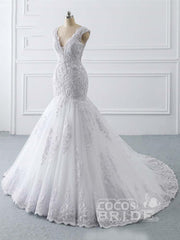 Long V-Neck Mermaid Tulle Lace Wedding Dresses