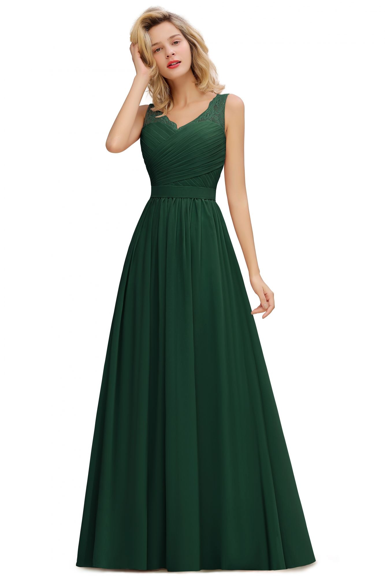 Long A Line Chiffon Sleeveless Lace Bridesmaid Dress with Ruffle