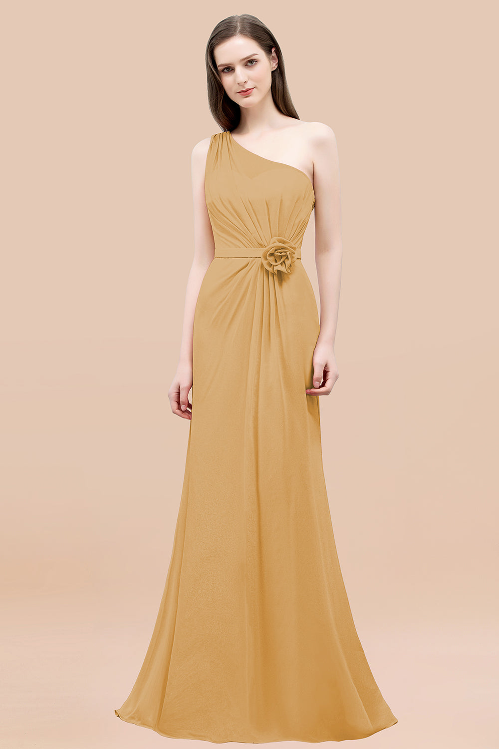 Mermaid Chiffon One Shoulder Sleeveless Ruffled Floor Length Bridesmaid Dresses with Flower