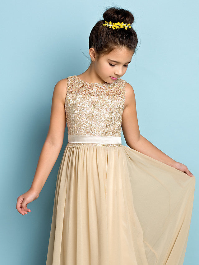 Long A-Line Scoop Neck Floor Length Chiffon Lace Junior Bridesmaid Dress
