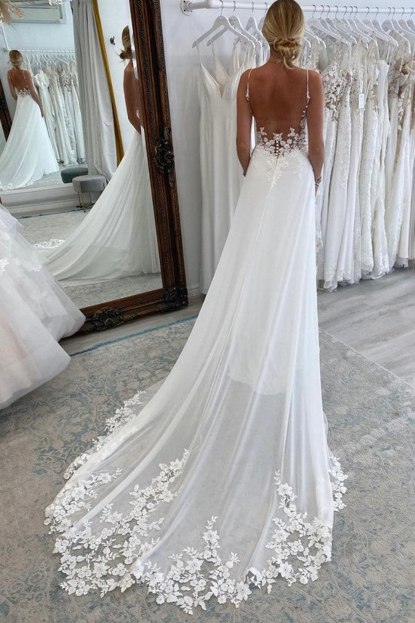 Simple Long A-line V-neck Chiffon Lace Backless Wedding Dresses