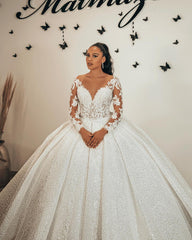 Gorgeous Long Ball Gown Sweetheart Appliques Lace Sequins Ruffles Wedding Dress with Long Sleeve