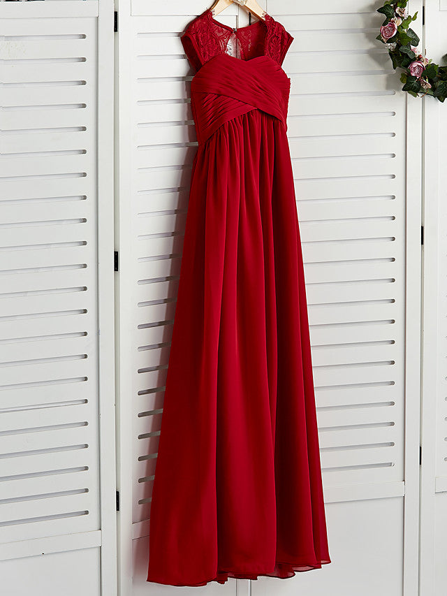 Red Long A-line Chiffon Floor Length Junior Bridesmaid Dress with Lace
