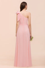 Pink One Shoulder A-Line Soft Chiffon Floor Length Bridesmaid Dress With Bowknot