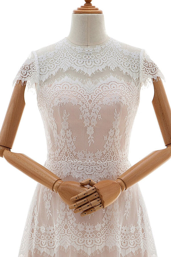 Long Tulle Sleek Cap Sleeves Lace A-line Wedding Dress
