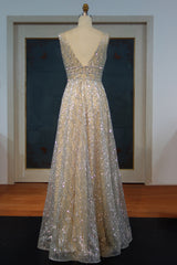 Long A-line Sleeveless Floor Length Sequined V-neck Prom Dresses