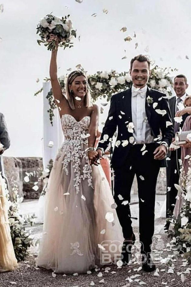 Boho Long A-line Sweetheart Tulle Appliques Lace Wedding Dress