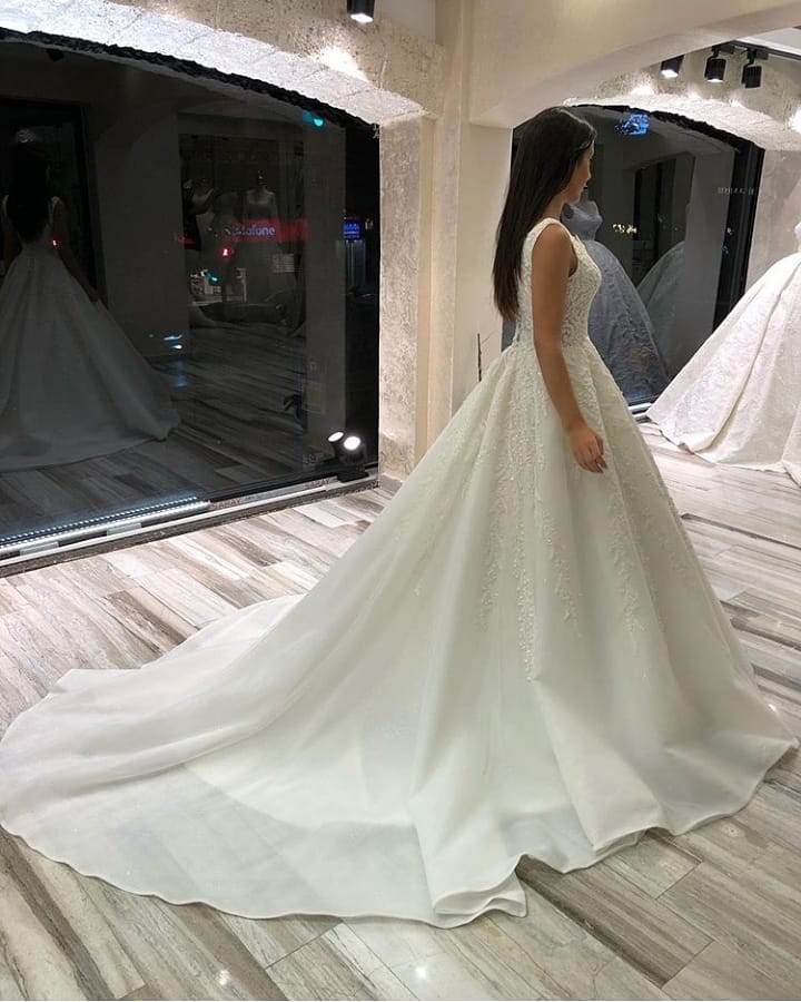 Glamorous Long A-line V-neck Sleeveless Lace Satin Wedding Dress