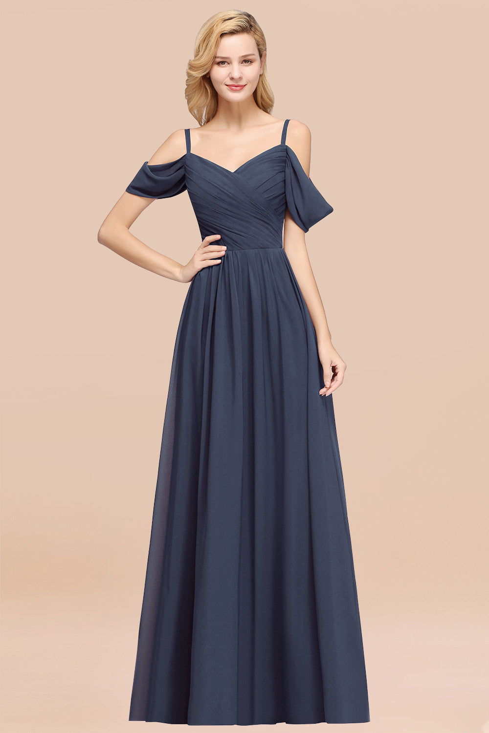 A-Line Chiffon V-Neck Spaghetti Straps Short Sleeves Floor Length Bridesmaid Dresses with Ruffles