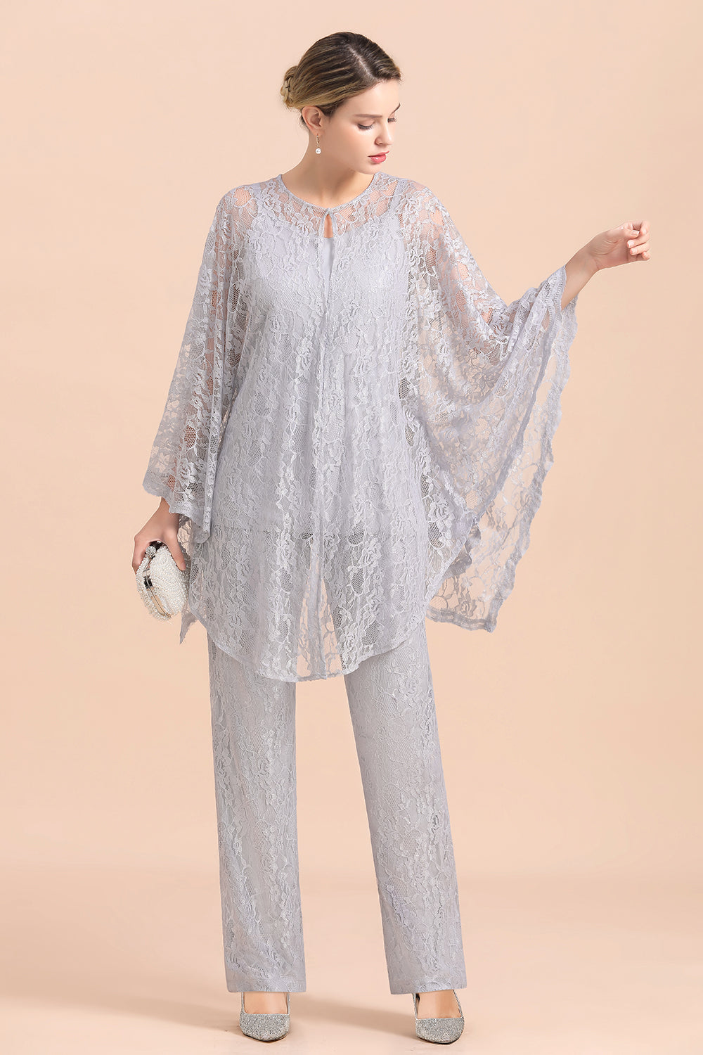 V-Neck Straps Appliques Silver Lace Wraps Mother of Bride Jumpsuit