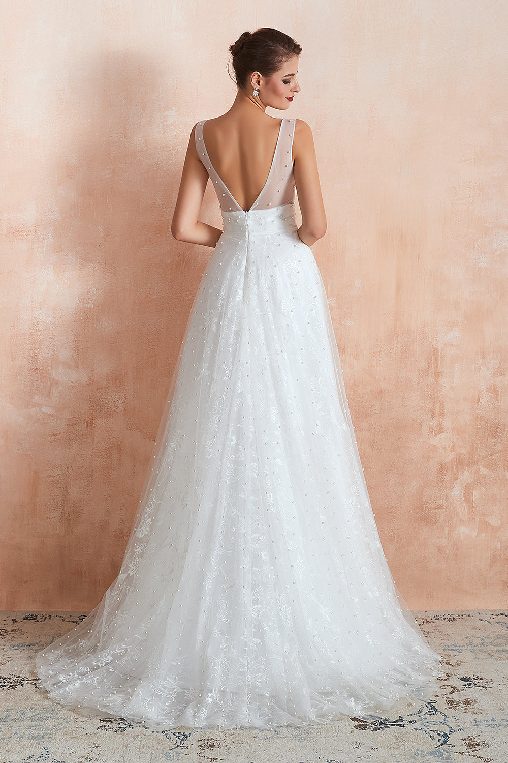 Elegant Long V-neck Tulle A-line White Wedding Dress