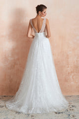 Elegant Long V-neck Tulle A-line White Wedding Dress