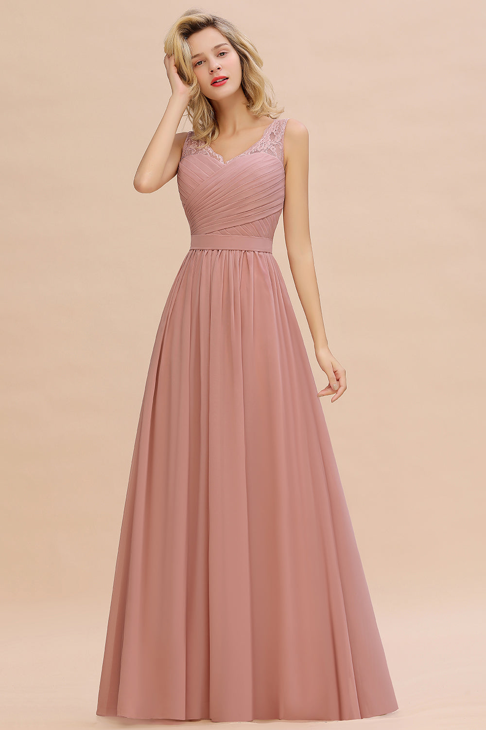 Long A Line Chiffon Sleeveless Lace Bridesmaid Dress with Ruffle