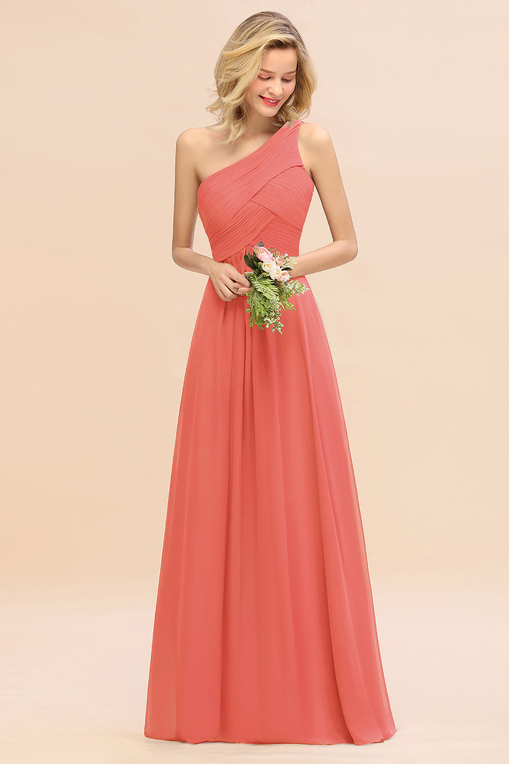 Elegant Watermelon A-line Chiffon Ruffles One Shoulder Long Bridesmaid Dress