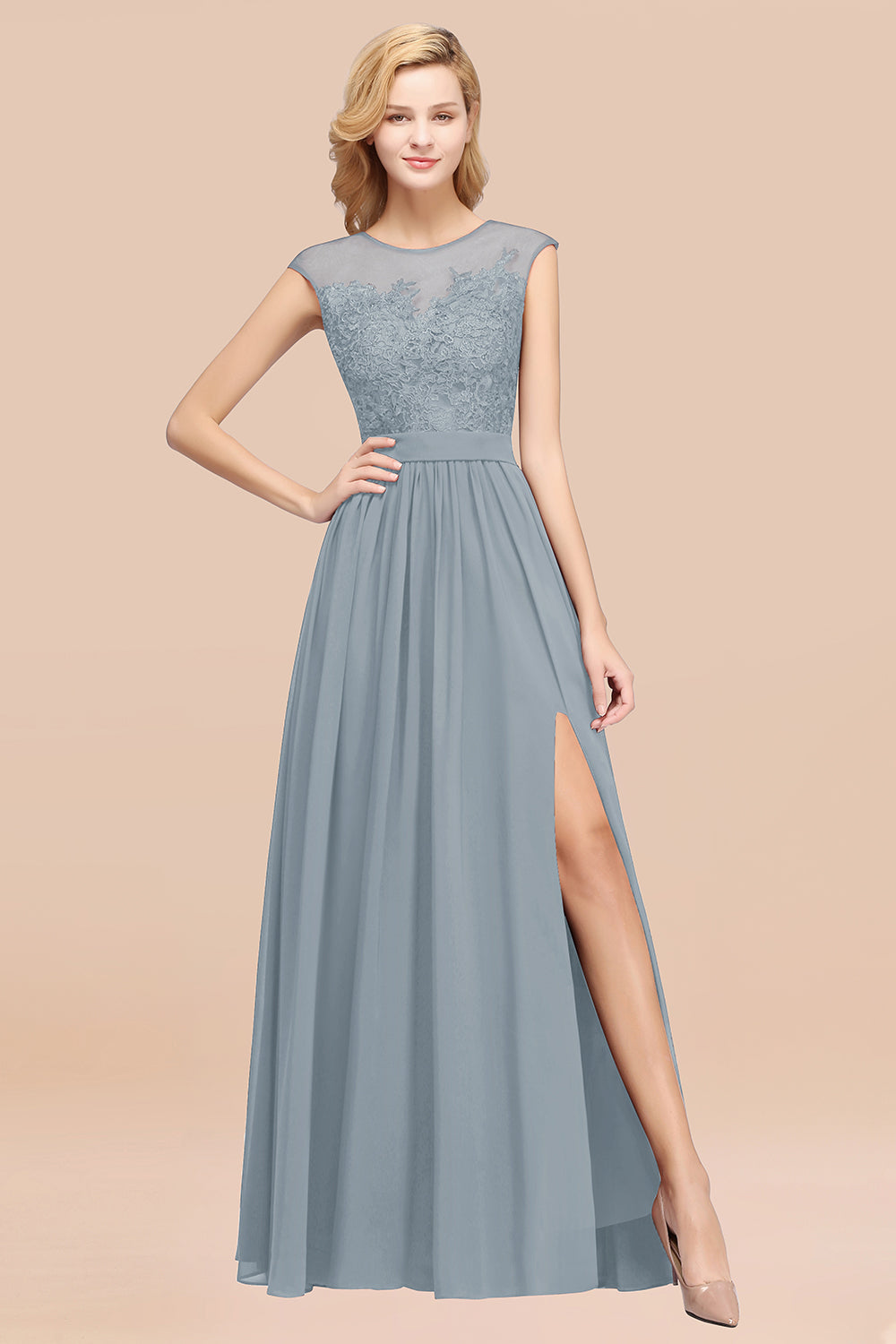 A-line Chiffon Lace Jewel Sleeveless Floor Length Bridesmaid Dresses with Appliques
