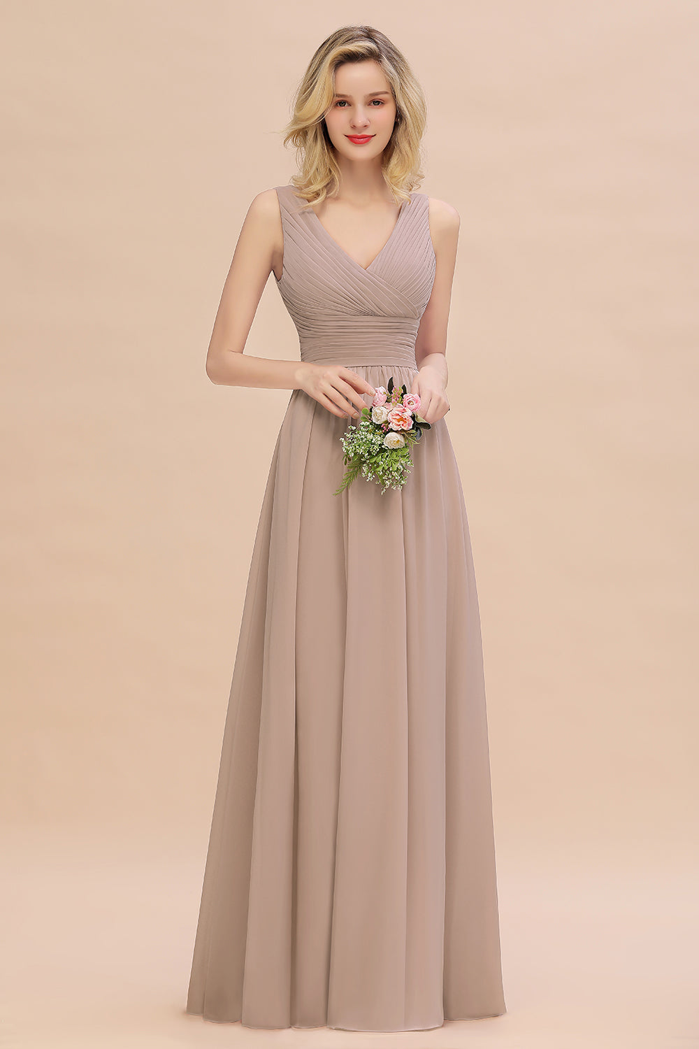 Elegant A-line V-Neck Ruffles Long Bridesmaid Dress