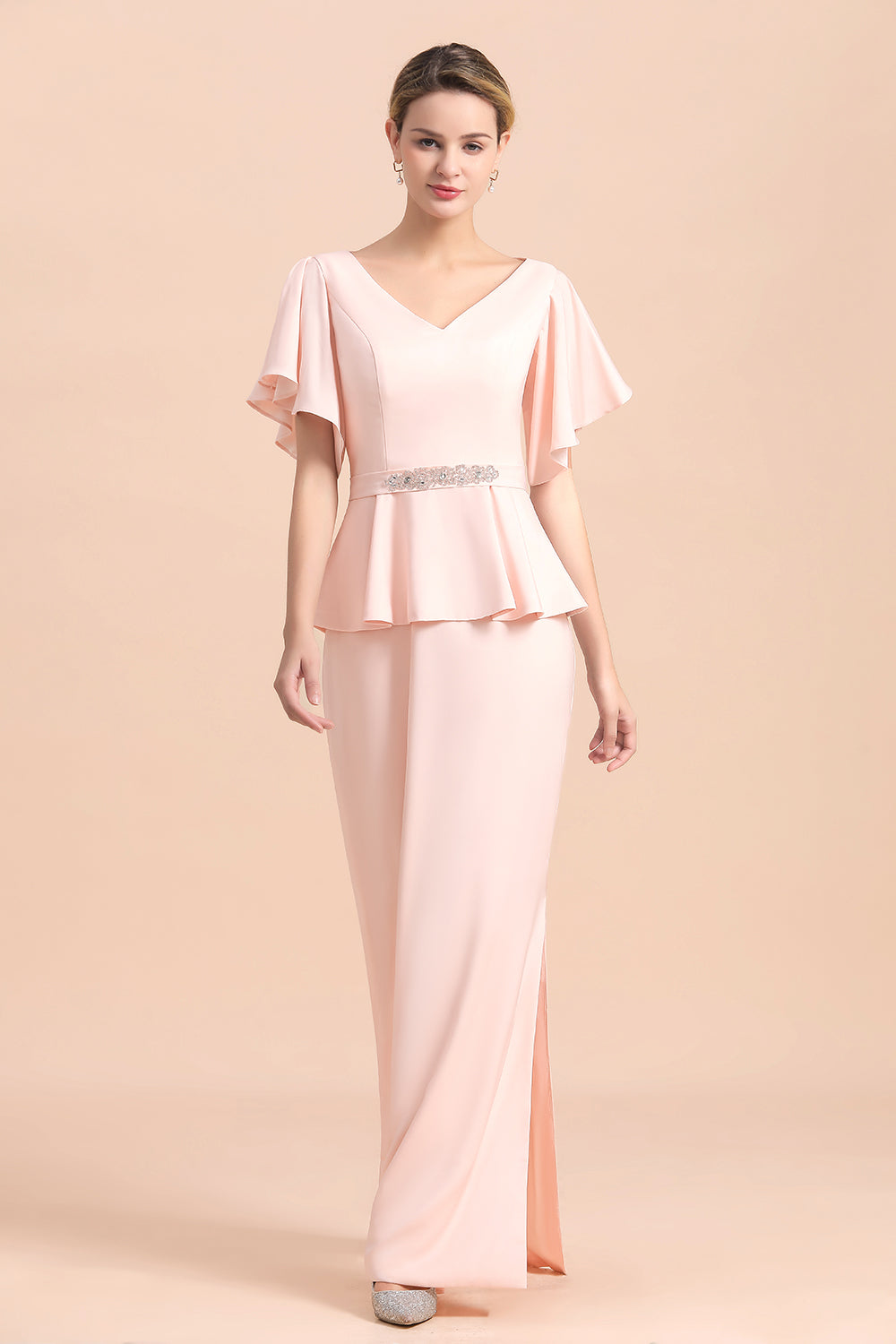 Glamorous V-Neck Beadings Satin Pink Mother of Bride Dresses