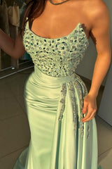 Long Strapless Satin Floor Length Mermaid Prom Dress with Beads