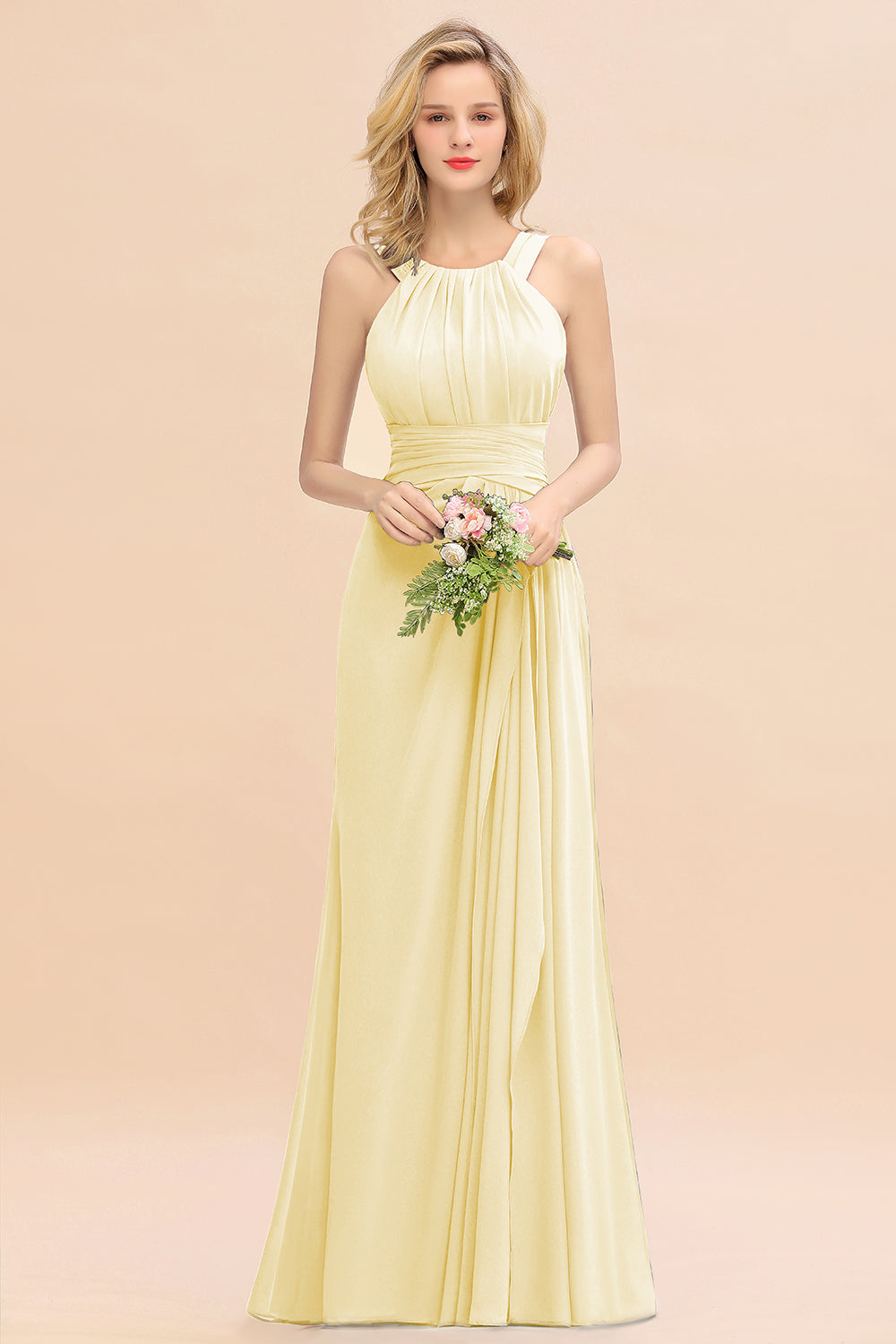 Long A-line Halter Chiffon Backless Floor Length Bridesmaid Dresses