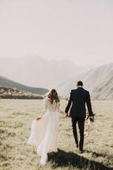 Long Appliques Lace Chiffon A-line Wedding Dress with Long Sleeves