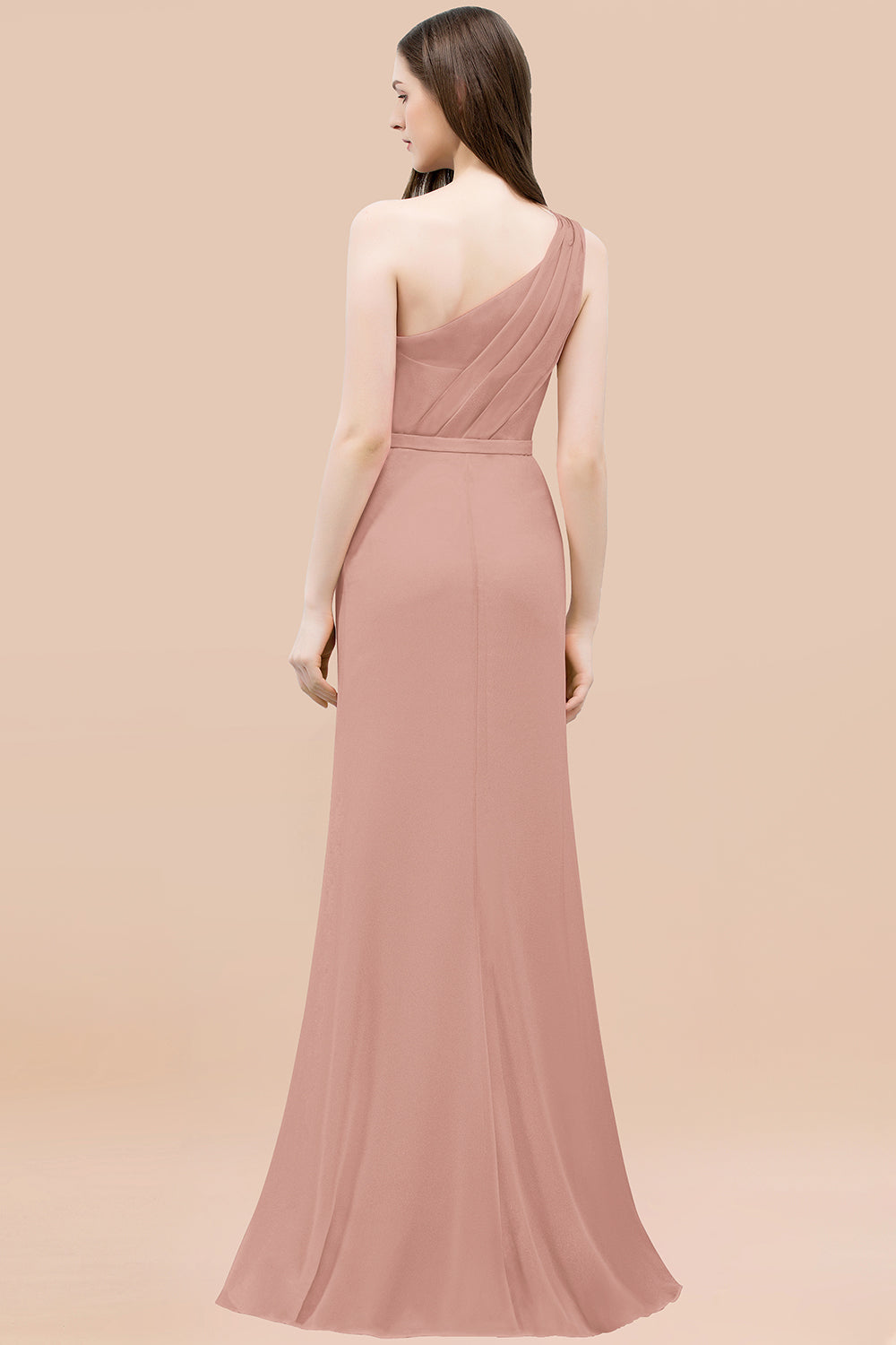 Mermaid Chiffon One Shoulder Sleeveless Ruffled Floor Length Bridesmaid Dresses with Flower