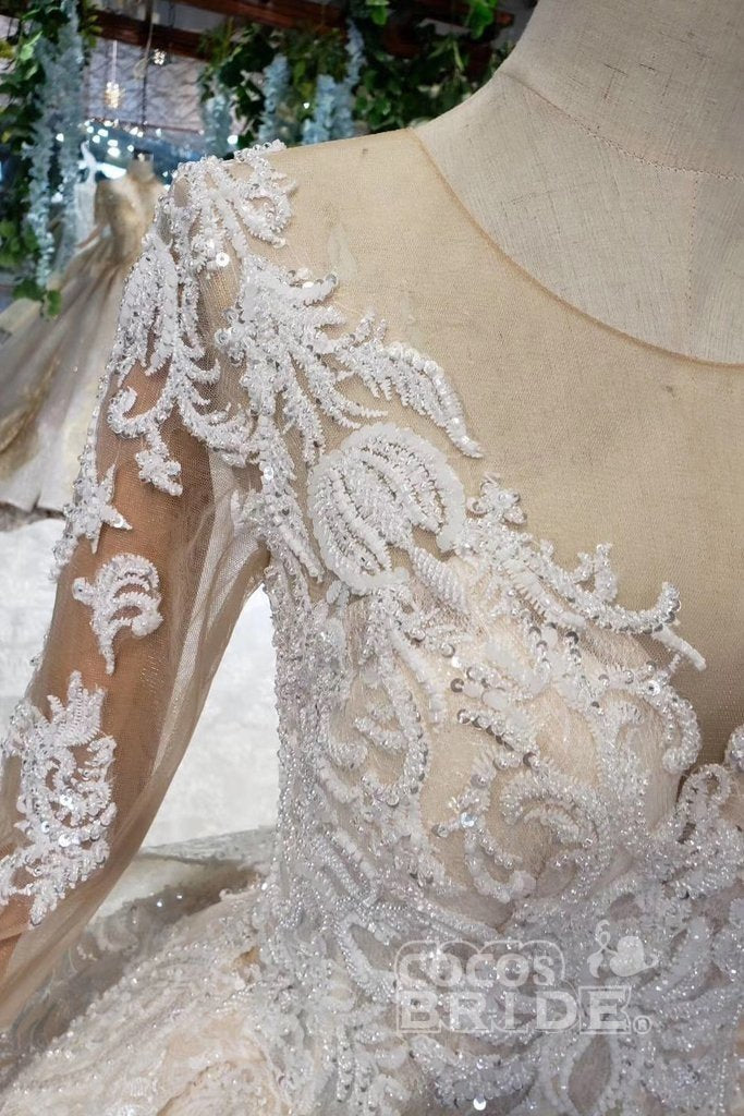 Princess Sleeves Tulle Ball Gown Lace Long Wedding Dress