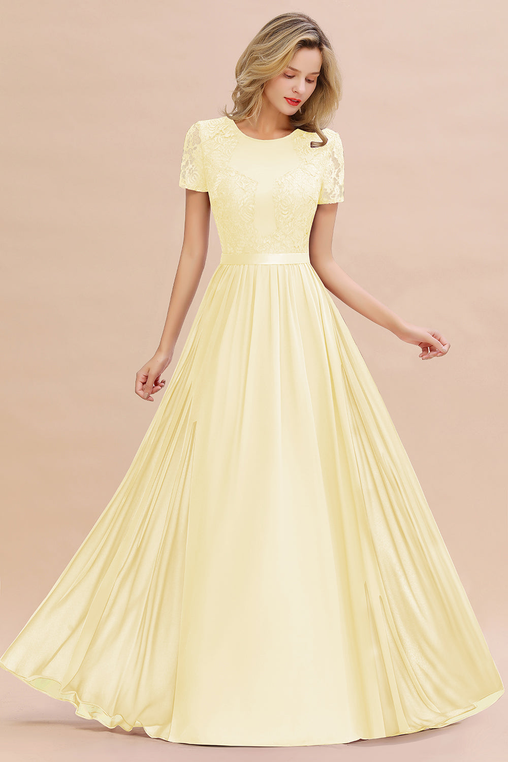 Chiffon Lace Scoop Short Sleeve Bridesmaid Dress