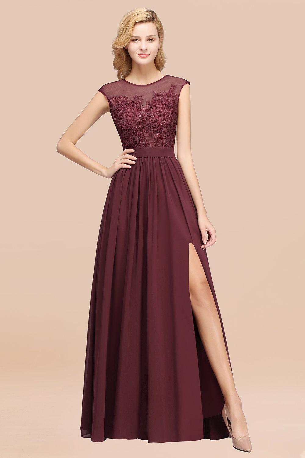 A-line Chiffon Lace Jewel Sleeveless Floor Length Bridesmaid Dresses with Appliques