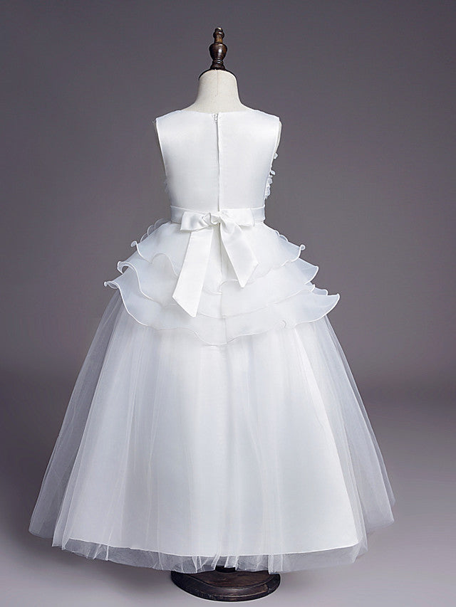White Long A-line Tull Lace Sleeveless Jewel Neck Flower Girl Dresses